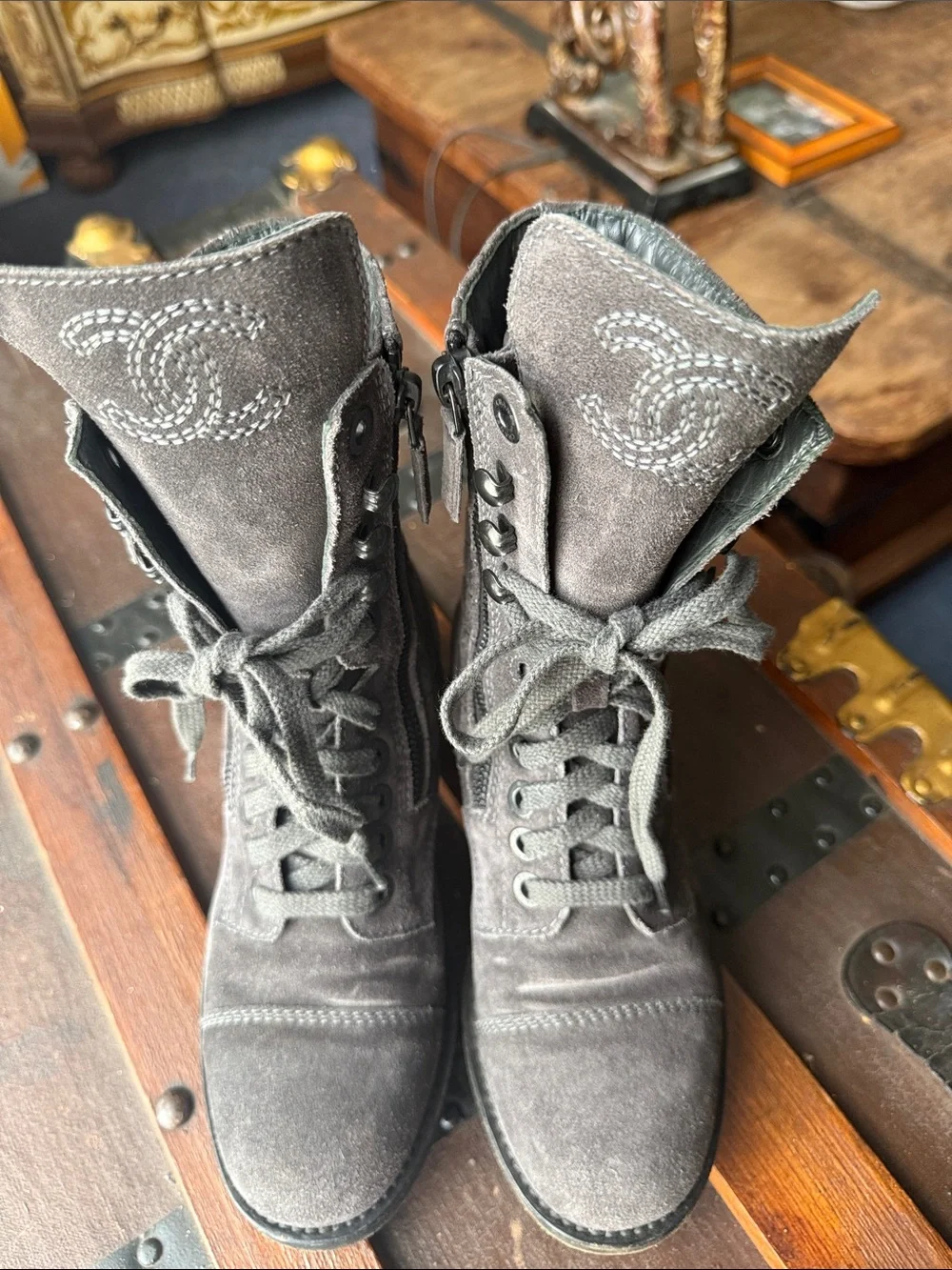 CHANEL Gray Suede Lace-Up Ankle Boots with CC Stitching- combat boot